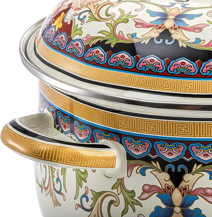 ZENFUN Kitchen Enamel Stockpot with Lid, 4.5 Quart Retro Flower Stew Bean Cooking Pot, Vintage Thicken Soup Pot with Handles, Nonstick, Safe for Induction Cookers, Gas Stove
