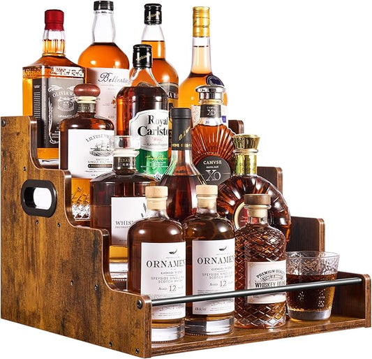 4-Tier Tiered Liquor Bottle Display Shelf - 16-Inch Rustic Wood Liquor Rack & Coffee Syrup Organizer - Heavy-Duty Countertop Spice Rack with Guardrails & Handles for Bar, Kitchen, Office