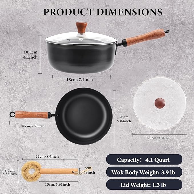 Carbon Steel Wok Pan 9.8", 4QT Deep Wok with Lid, Flat Bottom Wok Pan with Wooden Handle for Stir Fry, Soup, Braising & Noodles, Uncoated Carbon Steel Pan for Gas, Electric & Induction