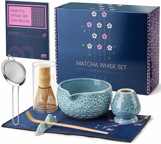 7Pcs Matcha Whisk Set, Matcha Set Whisk and Bowl,Bamboo Scoop, Scoop Rest, Sifter and Tea Towel, Matcha Kit W/Carved Cherry Blossm Pattern for Matcha Lovers (Sakura Blue)