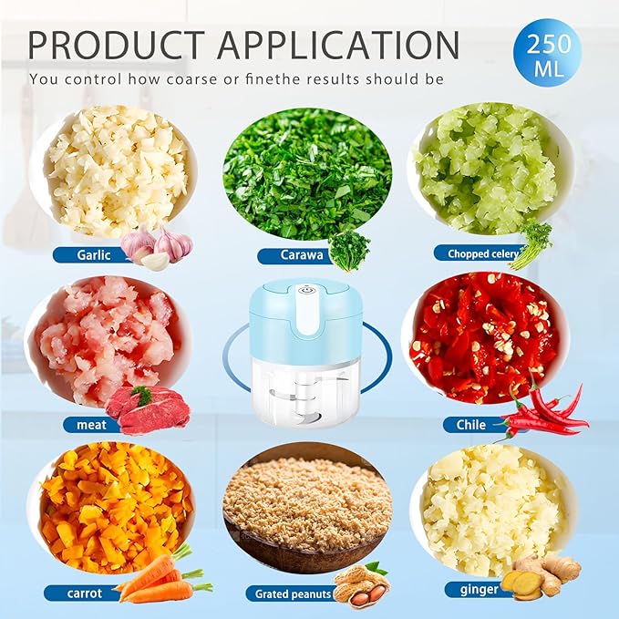 EASYSPEED Electric Garlic Chopper 1Cup, Mini USB-C Charging Food Processor, Garlic Mincer with 3 Stainless Steel Sharp Blades, Portable Kitchen Meat Grinder for Onion, Ginger, Chili, Baby Food, Blue