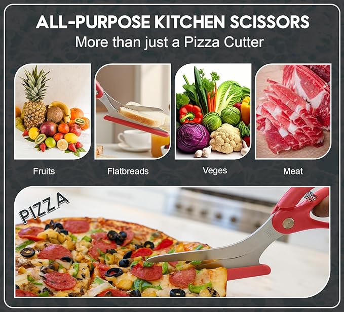 Pizza Scissors with Non Stick Slice Server. Sharp Pizza Cutting Without Topping Mess.Firm Grip, Food Grade Stainless Steel Pizza Cutter. Dishwasher Safe. 4 in 1 Kitchen Scissors