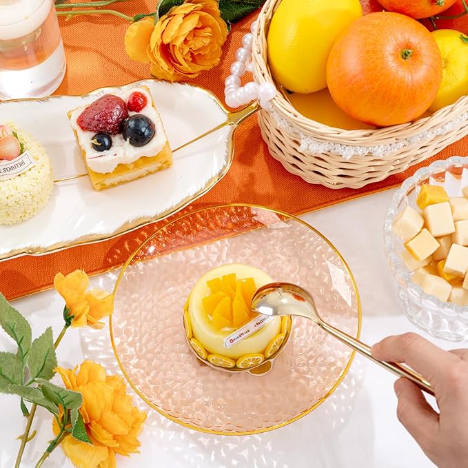 Rubtlamp 100 Pcs Clear Orange Gold Plastic Plates, Hammered Orange Party Plates,Heavy duty Dessert Plates,Disposable Salad/Dessert Platos,Clear Gold Plastic Platos 7 Inch for Party