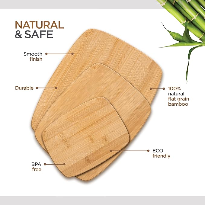 3-Piece Reversible Bamboo Cutting Board Set for Kitchen - Wooden Chopping Boards and Charcuterie Serving Boards for Cheese Meat Bread Fruit and Meal Prep, Knife Friendly Food Grade Bamboo by Bambüsi