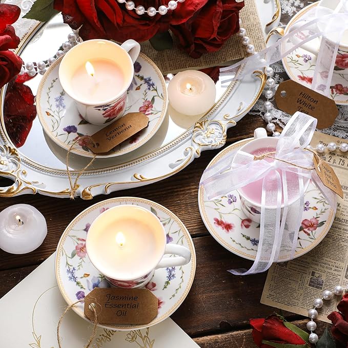 Nuanchu 4 Set Mini Vintage Tea Cup Candle Floral Cups with Saucer Tea Party Candles Gifts Oils Aromatherapy for Meditation Relief Mood Bridal Wedding Birthday Gift(Colorful)