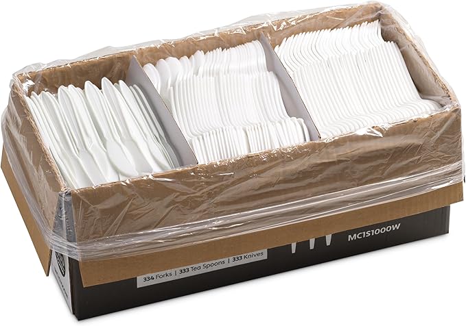1000 Count White Silverware Set, 334 Plastic Forks, 333 Spoons, 333 Knives, Medium Weight BPA Free Disposable Plastic Cutlery Set, Bulk Combo Pack Flatware Set for Party Supplies
