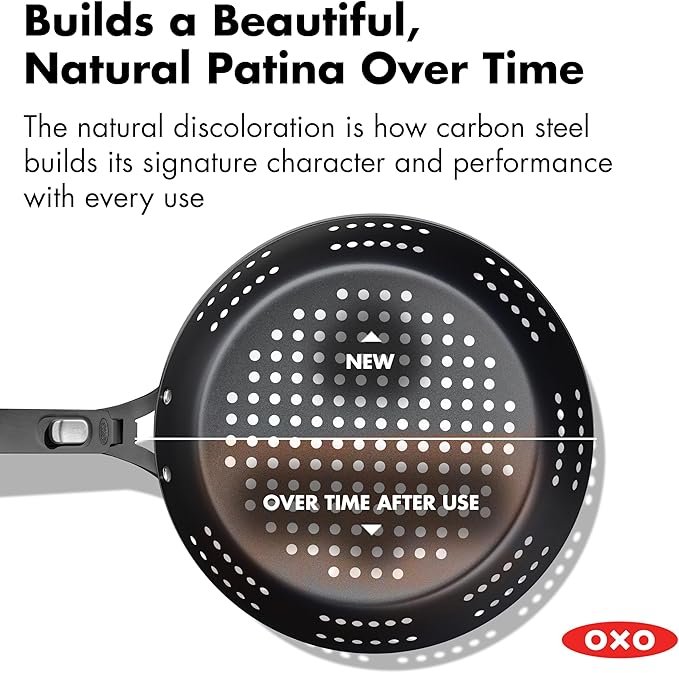 OXO Obsidian Pre-Seasoned Carbon Steel, 12" Frying Pan Skillet with Holes for Grilling with Removable Silicone Handle Holder, Induction, Oven Safe, Black