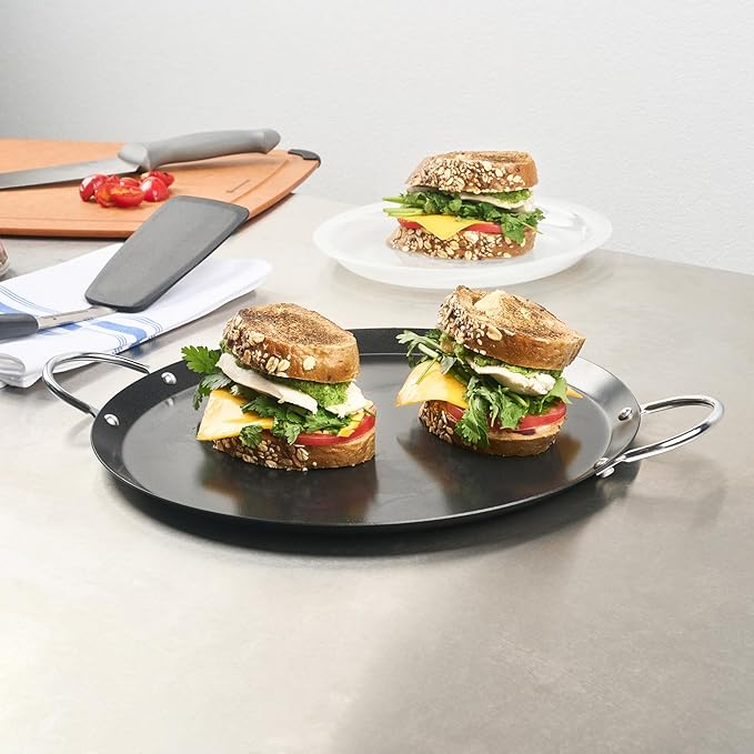Restaurantware-Met Lux 11.06 Inch Round Griddles With Double Handles, 10 No-Stick Flat Top Grills - Compatible With Open Fire And Gas, Durable, Black Carbon Steel Griddle Pans, Even-Heating