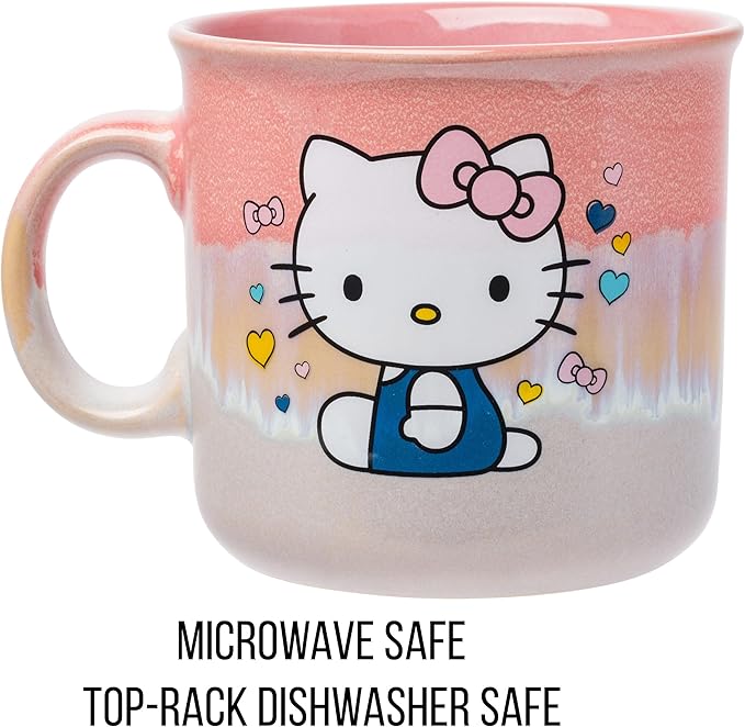 Silver Buffalo Sanrio Hello Kitty Sitting Hearts and Bows Reactive Glaze Ceramic Camper Mug, 20 Ounces