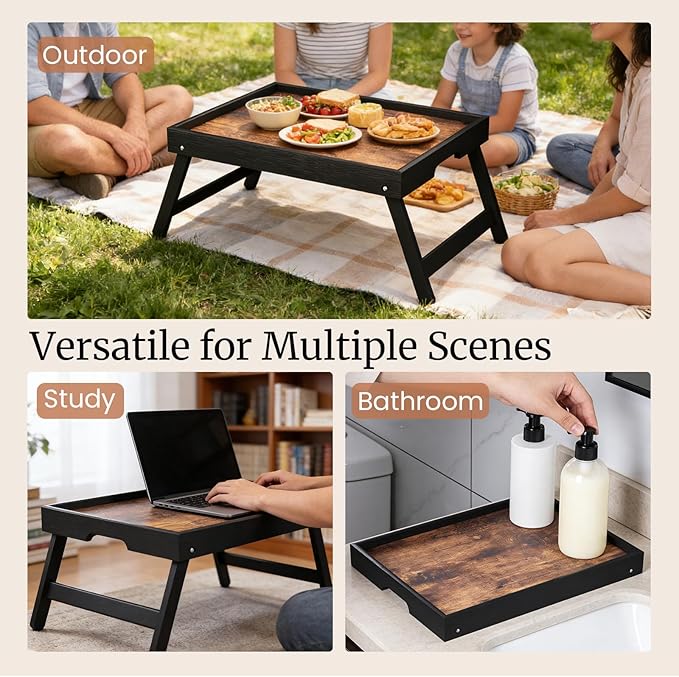 2 Pack Wooden Bed Tray Table with Folding Legs,Breakfast Trays,Serving Tray for Food and Snack,Laptop Trays for Working