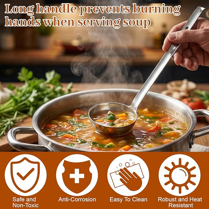 10 Pcs Stainless Steel Ladle 1oz/2oz/4oz/6oz/8oz Soup Ladle with Long Spoon Metal Spoon Sets Big Spoons for Stirring, Portioning, Serving Soup, Stew in Restaurants Home Cooking Soups Sauce