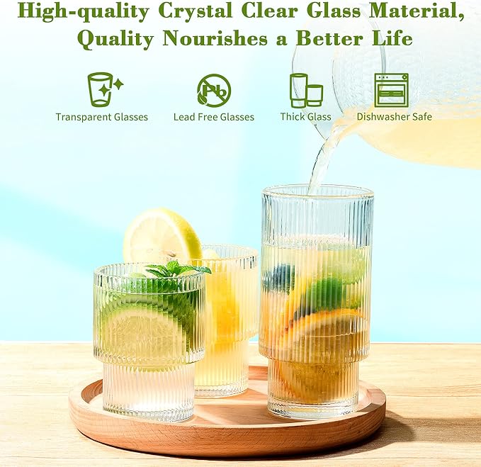 Small Ribbed Glassware Set of 12, Glass Cups 12 oz and 7 oz, Fluted Glassware, Stackable Glasses, Cups for Kitchen, Gift Box Set