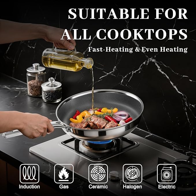 FogDream Titanium Non Stick Frying Pan, 10in Tri-Ply Hybrid Stainless Steel Skillet with Spatulas, All-in-One Cookware, Stay Cool Handle, Dishwasher & Oven-Safe,Induction Compatible,Silver