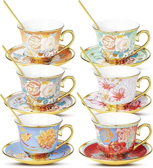 Tea Cups and Saucers, Tea Cup Set of 6, 8 OZ Floral Cups Porcelain Cup Set for Cappuccino, Coffee, Afternoon Tea Birthday Party Supply Housewarming Gift