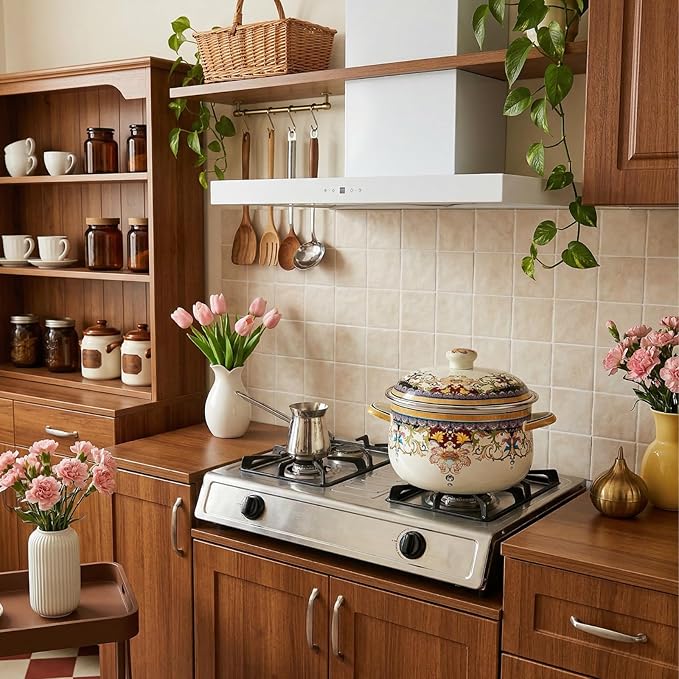 ZENFUN Kitchen Enamel Stockpot with Lid, 4.5 Quart Retro Flower Stew Bean Cooking Pot, Vintage Thicken Soup Pot with Handles, Nonstick, Safe for Induction Cookers, Gas Stove