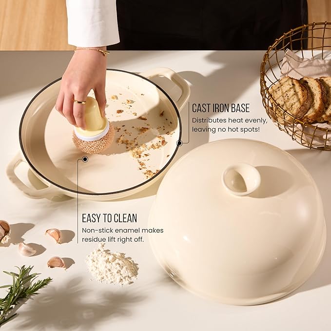 Kook Bread Oven, with Lid and Handles, Enameled Cast Iron Pan and Ceramic Lid, For Baking, Cooking, Roasting and more (Ivory)