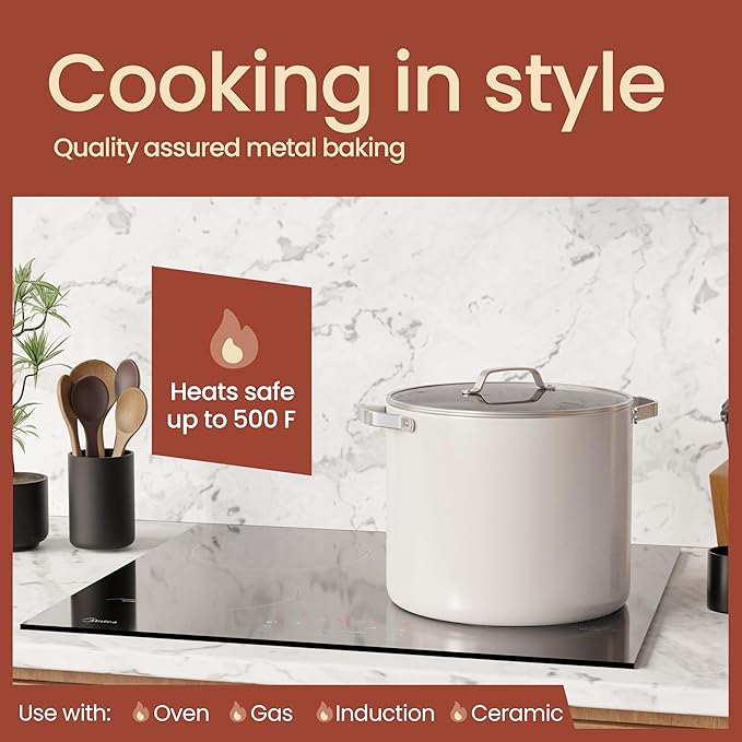Bakken 12.5 Quart Ceramic Coated Stock Pot with Lid, Easy Clean Nonstick Pot, Tempered Glass Lid, Riveted Stainless Steel Handles, Oven Safe Up To 500°F, PTFE & PFAS Free, All Stove Compatible, Cream