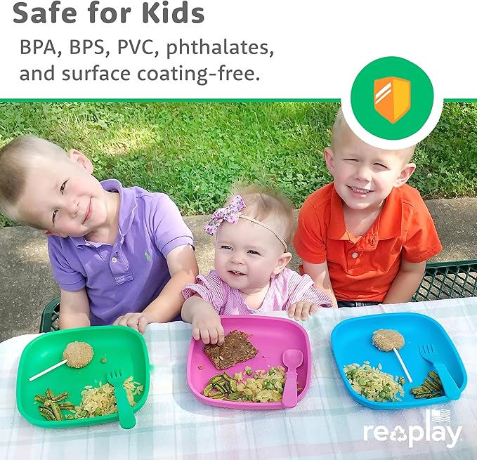 Re-Play Toddler Plates - 22 Oz. Deep-Walled Flat Kids Plates with 3 Lids - Dishwasher & Microwave Safe - Made in USA - Set of 3-7.37" x 7.37" x 1.25" - Aqua Asst