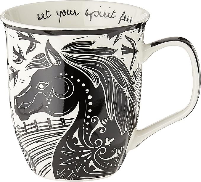 Karma Gifts 14 oz Black and White Boho Mug Horse - Cute Coffee and Tea Mug - Ceramic Coffee Mugs for Women and Men