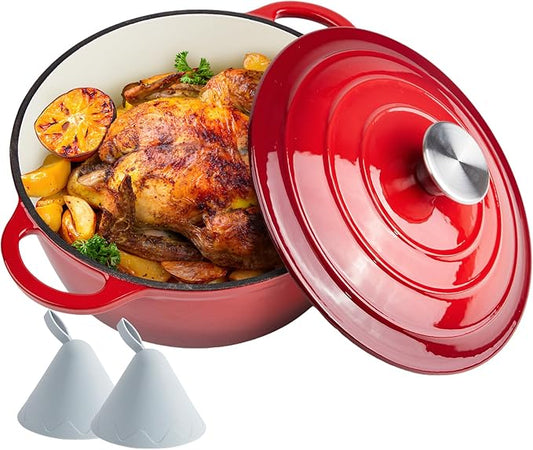 4 Quart Dutch Oven Enameled Cast Iron with Lid - Big Dual Handles - Oven Safe up to 500°F - Classic Round Pot for Versatile Cooking Red