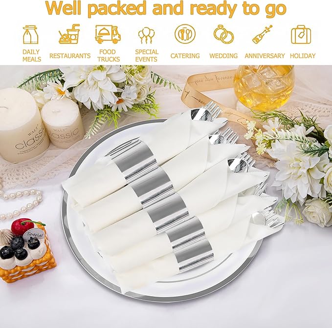 50 Pack Pre Rolled Silver Plastic Silverware Set,Wrapped Plastic Cutlery Set with Napkin Include 50 Forks,50 Spoons,50 Knives and 50 White Napkins for Party, Wedding,Christmas
