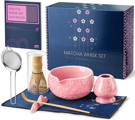 7Pcs Matcha Whisk Set, Matcha Set Whisk and Bowl,Bamboo Scoop, Scoop Rest, Sifter and Tea Towel, Matcha Kit W/Carved Cherry Blossm Pattern for Matcha Lovers (Sakura Pink)