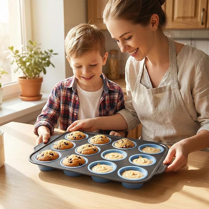 Boyun Silicone Muffin Pan for Baking,No-Spill Easy-Transfer Design,Reinforced Steel Frame, Non-Stick & Dishwasher Safe,12-Cup Regular Size Muffin & Cupcake Pan Bakeware for Oven (Blue 2pcs)