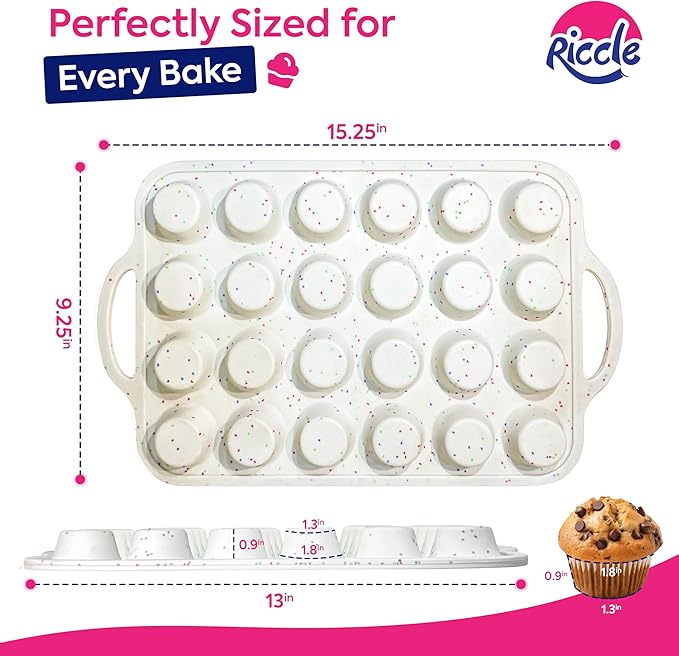 RICCLE 2 Pack Silicone Mini Muffin Pans for Baking with Metal Reinforced Frame, 24-Cup Mini Muffin Pan, Mini Cupcake Pans, Silicone Muffin Pan for Baking Egg Bites - Oven & Dishwasher Safe, BPA-Free