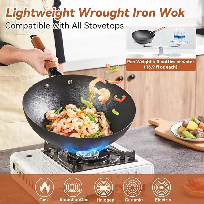 12.6 Inch Carbon Steel Wok Pan with Standable Tempered Glass Lid, Flat Bottom Wok, Non-Coated Stir Fry Pan with Wood Handle for Induction, Gas, Electric and Ceramic Stovetops
