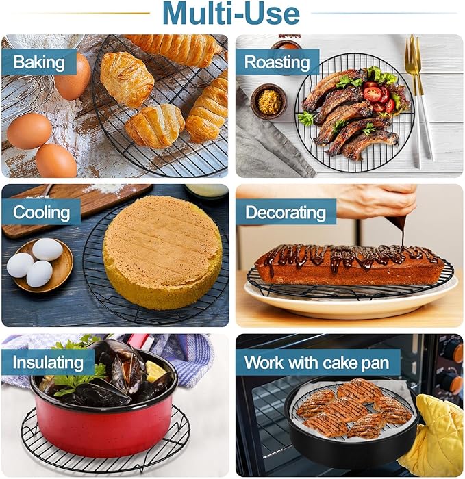 P&P CHEF Round Cooling Rack Set, Round Wire Racks for Cooking Baking, Fit Air Fryer & Oven, Stainless Steel Core with Nonstick Coatings, Black, 3 PCS - 7.5 & 9 & 10.5 Inch