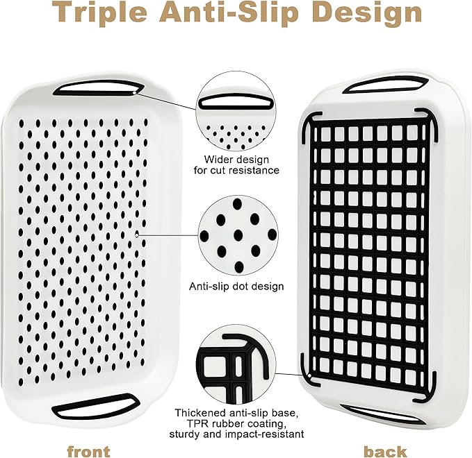 Non Slip Lap Trays with Handles, Set of 2 Food Trays for Eating on Couch, Dishwasher Safe Rectangular Serving Trays for Dinner, Breakfast & Snacks (White)