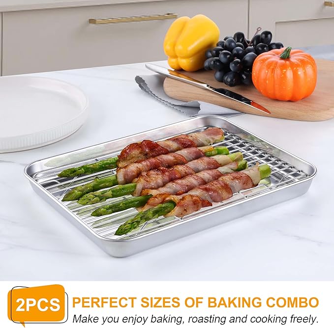 Homikit Baking Sheet with Wire Rack(1 Pan + 1 Rack), 9 x 7 Inches Stainless Steel Small Baking Pan with Cooling Rack, Mini Metal Cookie Bacon Tray for Toaster Oven Baking, Rust Free & Dishwasher Safe