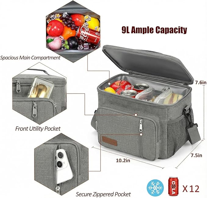 MIYCOO Lunch Box Lunch Bag for Women Men - Insulated LunchBox Leakproof Cooler Tote, Reusable Soft Bag with Shoulder Strap for Work, Picnic, Beach & Travel, 12-Can (9L) -Grey