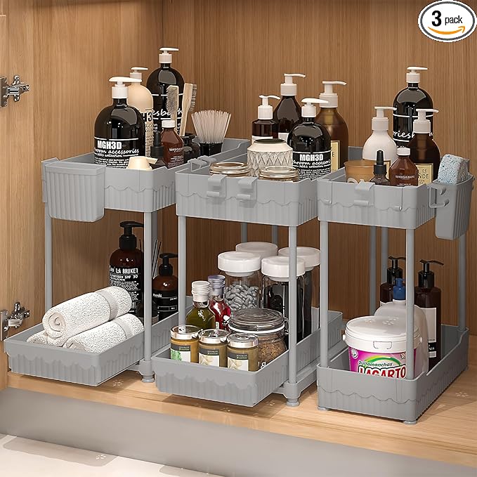 3 Pack Under Sink Organizers, 2-Tier Multi-Use Kitchen and Bathroom Organizers and Storage with Sliding Drawers, Bathroom Cabinet Organizer (Gray, 14.8 Inch)