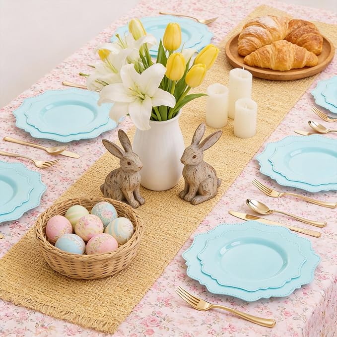 COLOSUS 60Pcs Blue Plastic Plates, Light Baby Blue Party Plates, Heavy Duty 30 Dinner plate 10.5” and 30 Salad/Dessert Plate 8.25” for Easter day, Party,Dinner