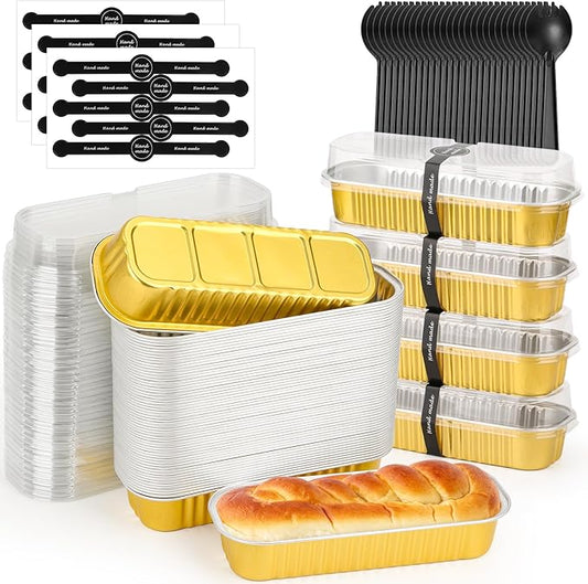selizo 60 Pack 6.8oz Mini Loaf Baking Cake Pans with Lids, Rectangle Disposable Aluminum Foil Loaf Baking Pans, Small Baking Cake Tins Cup Cake Containers for Individual Cakes (Gold)