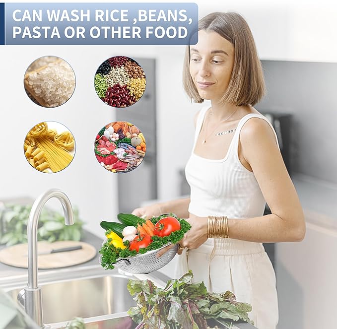 Colander Stainless Steel 5-Quart, Metal Strainers with Base, Strainer for Kitchen Food, Dishwasher Safe