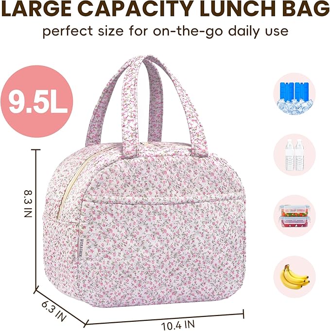 Quilted Lunch Box for Women,Coquette Aesthetic Lunch Box for Teen Girls,Cute Floral Lunch Bags for Work, School,Office,Picnic,Travel (pink floral)