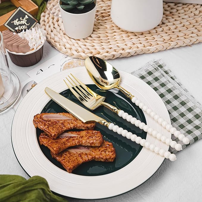 150 Pcs Gold Plastic Silverware,Gold Plastic Utensils with Ivory Beads Handle,Fancy Disposable Cutlery Set Include 50 Forks 50 Knives 50 Spoons for Party & Wedding