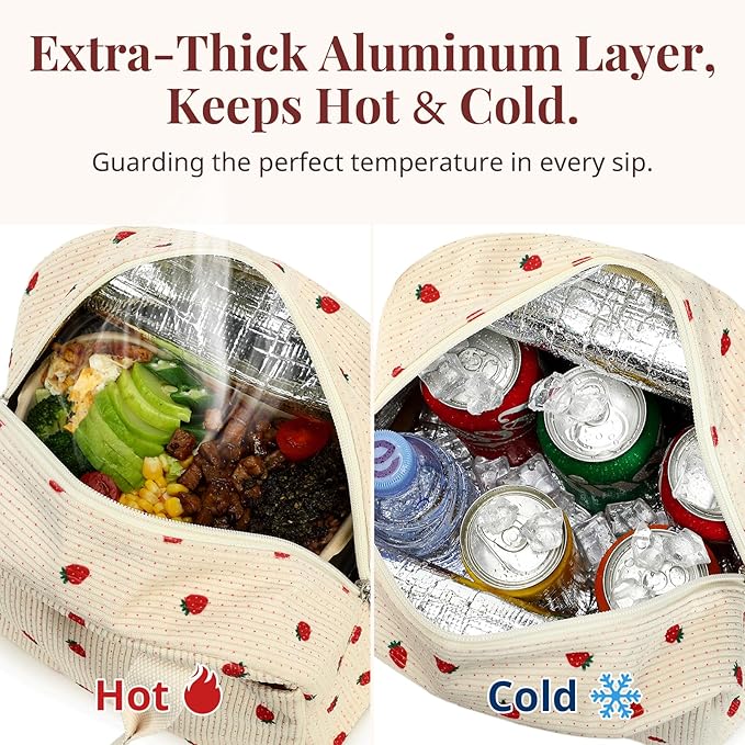 Insulated Black Checkered Lunch Bag for Women, Stylish Corduroy Tote with Aluminum Lining, Large Capacity Reusable Cooler for Work, Travel, or Beach, Beige Cream Water-Resistant Lunch Box