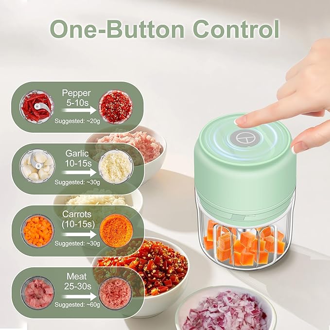 250ml Electric Garlic Chopper, Portable Garlic Press, Wireless Mini Food Processor, Rechargeable Garlic Chopper Mincer for Ginger, Chili, Onion, Minced Meat and Spices (Green)