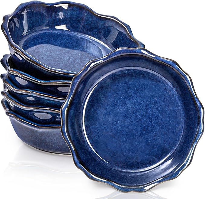 Peohud 6 Pack Ceramic Mini Pie Pans, 6 Inch Small Blue Pie Plate, 12 Oz Individual Pie Dish, Round Pot Pie Baking Dishes with Ruffled Edge for Dessert, Apple Pie, Microwave, Oven Safe