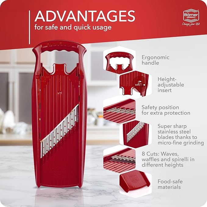 BORNER Wave waffle PowerLine | Vegetable Grater Börner - Quality Made in Germany, Color:Red