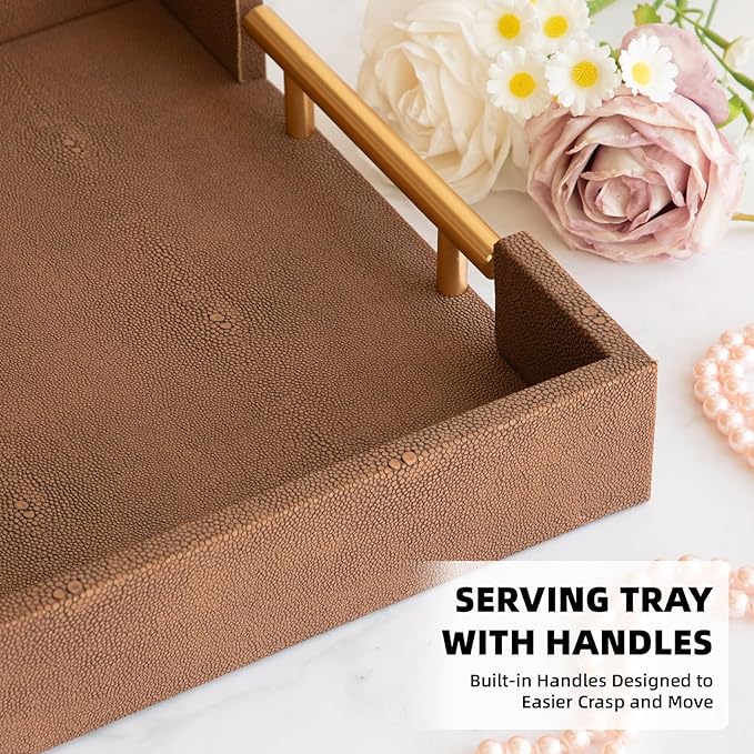 Set of 2 Decorative Tray Brown Shagreen Leather Tray, Modern Rectangle Serving Trays with Gold Polished Metal Handles, Ottoman Coffee Table Perfume Kitchen Trays Home Decor