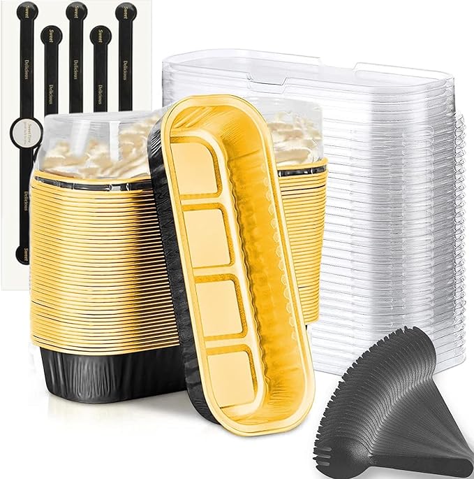 Mini Loaf Baking Pans with Lids and Spoons (50 Pack, 6.8oz) Rectangle Aluminum Foil Baking Pans Tins Containers - Cupcake Containers Wrappers Cheesecake Creme Brulee Ramekins