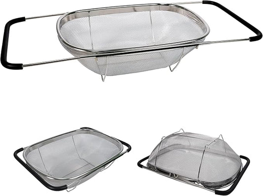 Over Sink Expandable Colander - Collapsible Fine Mesh Strainer Basket with Non-Slip Extendable Silicone Grip, Stainless Steel Kitchen Accessories for Rinsing Pasta, Rice, Fruits & Vegetables