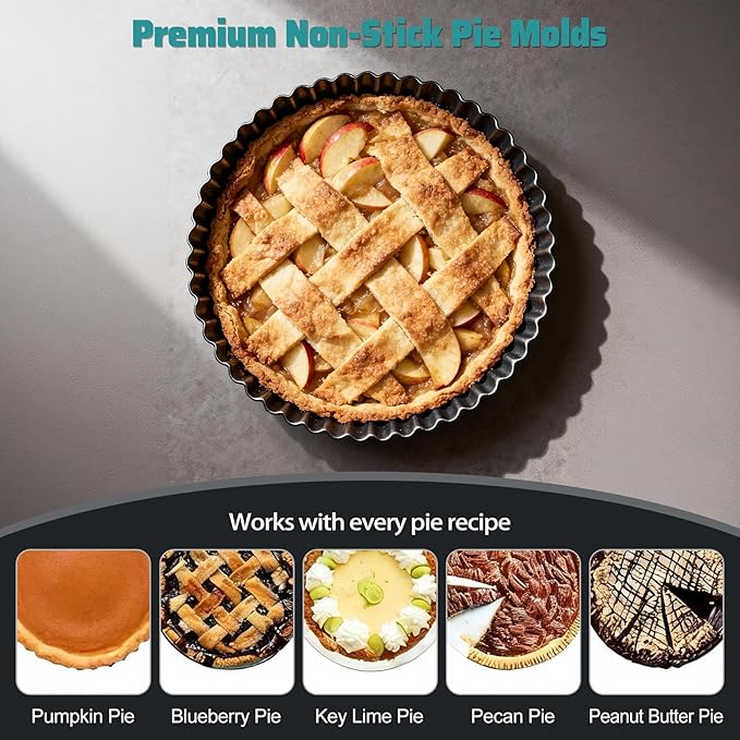 Tart Pan 2 Pack, 9 Inch Non-Stick Carbon Steel Pie Pan, Tart Pans with Removable Bottom - Perfect Molds for Making Quiches, Brownies, and Fruit Tarts with Grooved Edges