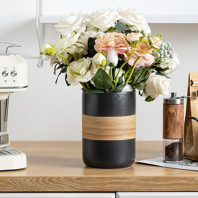 Large Storage Containers with Lids, Ceramic Coffee Container Kitchen Food Storage Jars for Spice Sugar Tea Bag, Stackable Decorative Jars for Counter, Black & 61 fl.oz