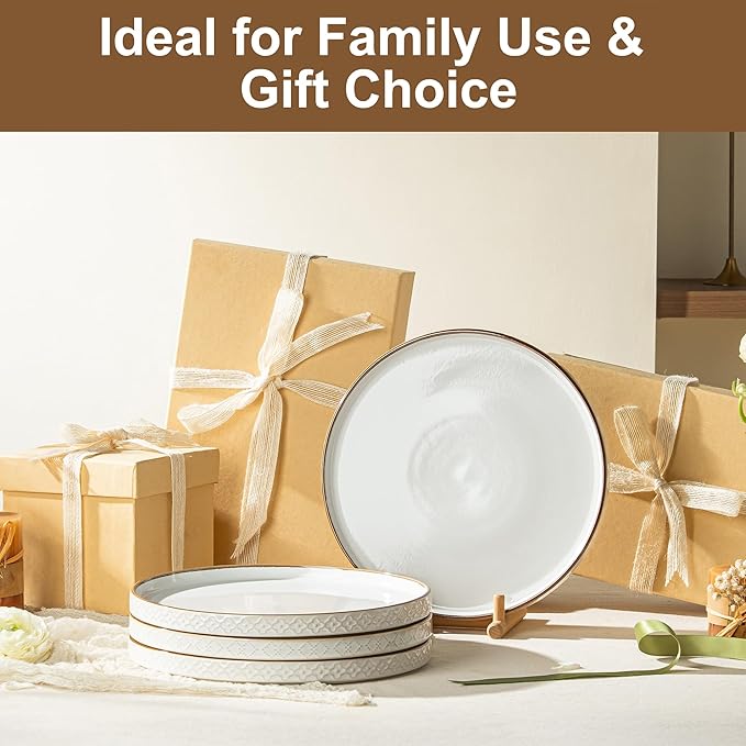 Dinner Salad Plates Set of 4, 10 Inch Salad Plates with Embossments, Dessert, Salad, Appetizer, Dinner Plate, Microwave, Dishwasher Safe,Scratch Resistant