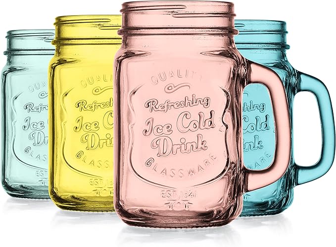 Glaver's Mason Jar Drinking Glasses Set Of 4, 15 oz. Colored Mugs With Embossed Ice-Cold Drinkware Logo, Glass Mason Jar Mug With Handle. For Smoothies, Cocktails, Beverages. Hand Wash